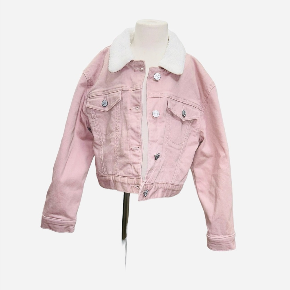 Old Navy girls pink Sherpa lined denim jacket M 8
